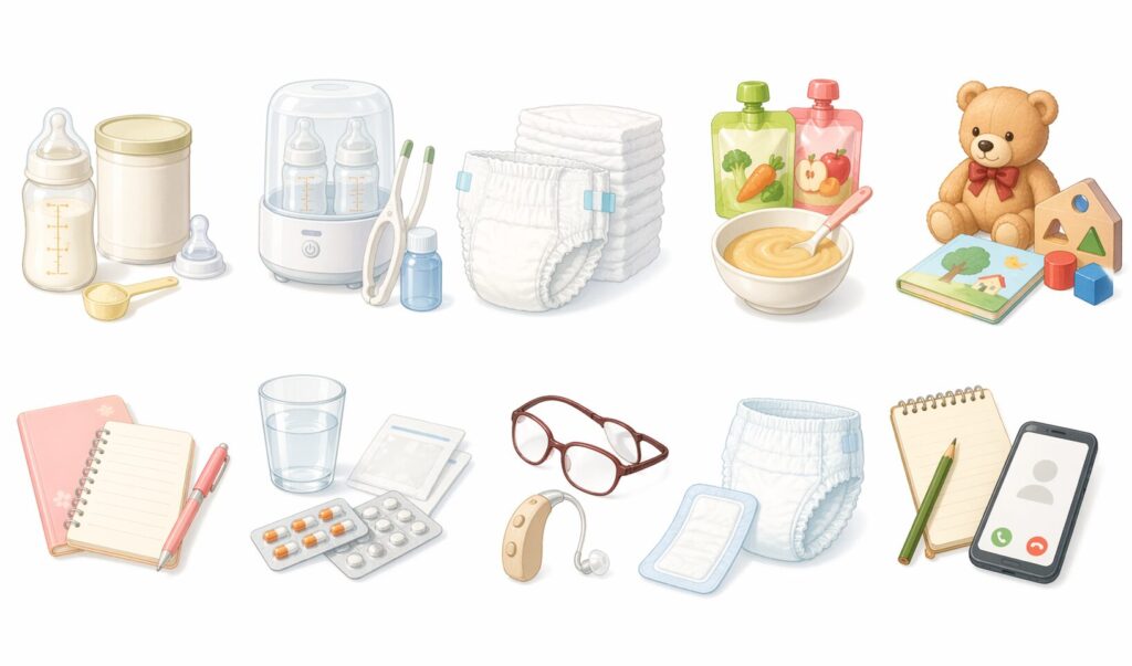 災害時の備蓄品として水、非常食、カセットコンロ、ランタン、乾電池、救急セット、ウェットティッシュなどが机の上に整理されて並んでいるイラスト