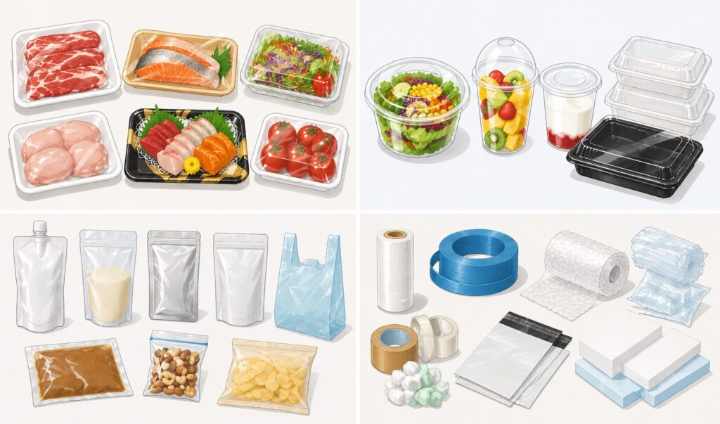 透明な食品トレーやカップ容器、パウチ袋に加えて、プラスチック製の緩衝材やフィルムなどナフサ由来の包装資材が並ぶイメージイラスト