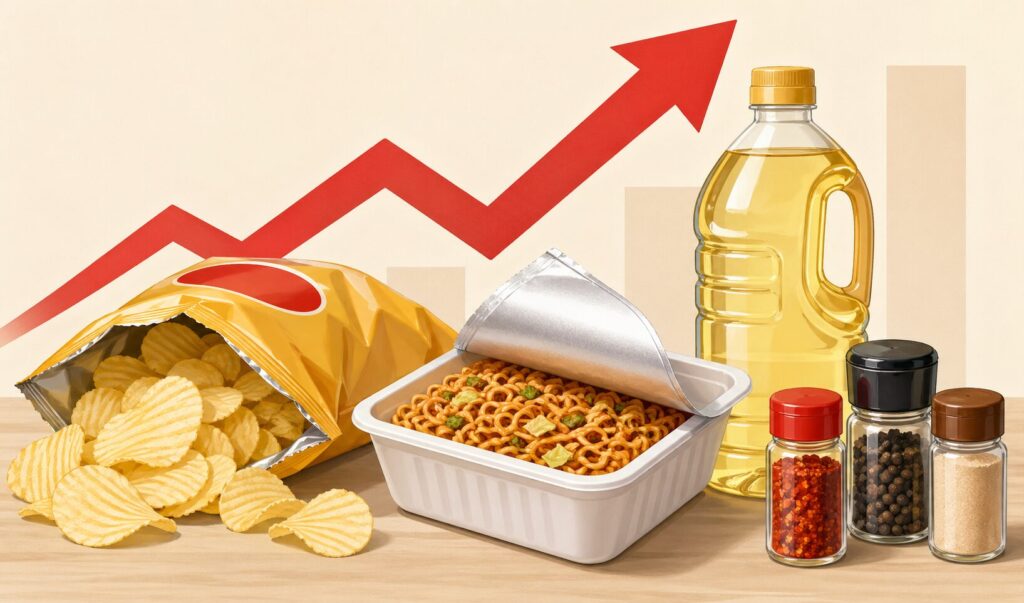 ポテトチップス、カップ焼きそば、食用油、スパイスが並び、背景に右上がりの赤い矢印が描かれた値上げを表現したイラスト