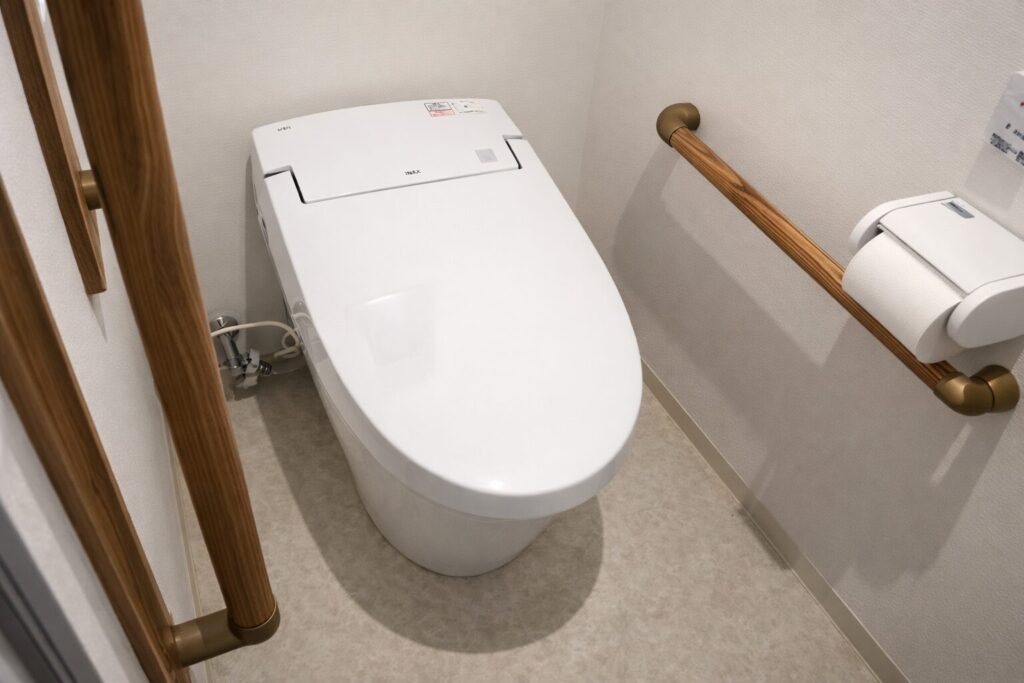 手すり付きの壁に囲まれたコンパクトな空間に設置された白い温水洗浄便座のトイレとトイレットペーパーホルダーの様子