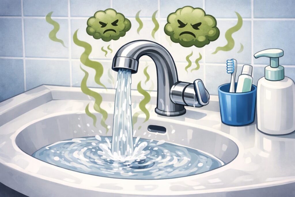 水道の蛇口から透明な水が流れる中、緑色の臭いの気体が立ち上り不快な臭いを表現しているイラスト