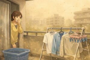 屋外の物干しロープにTシャツやジーンズ、タオルが洗濯ばさみで干され、晴れた青空の下で乾いている様子のイラスト