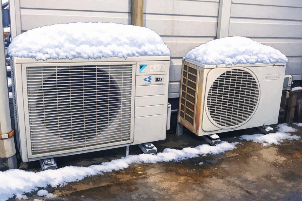 雪が積もったエアコン室外機2台をイラスト風に表現した冬の屋外設置状況