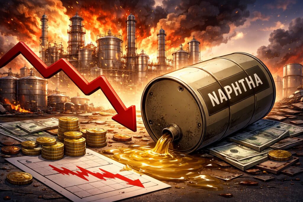 ナフサの供給混乱による経済危機を象徴する、炎上する製油所と原料が流出するドラム缶、下落するグラフや資金の減少を描いたイラスト