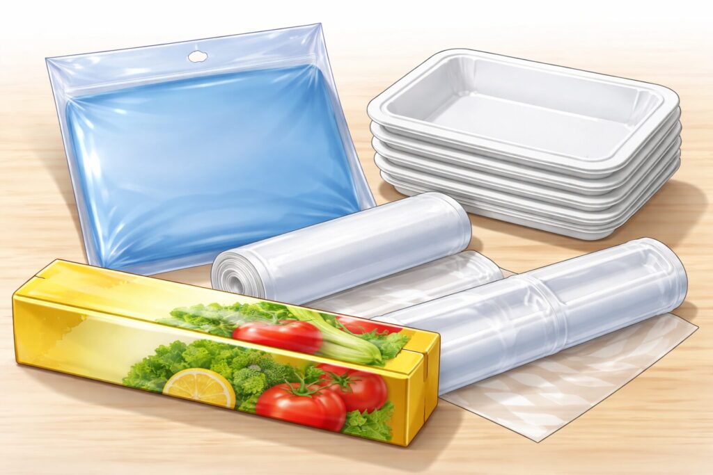 ゴミ袋・ラップ・食品トレーが並んだキッチン用品のイラスト