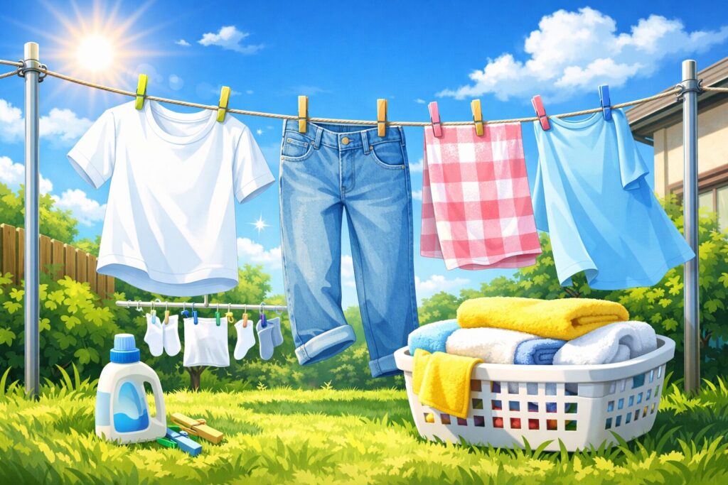 屋外の物干しロープにTシャツやジーンズ、タオルが洗濯ばさみで干され、晴れた青空の下で乾いている様子のイラスト