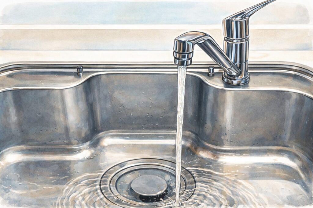 ステンレス製のキッチンシンクで蛇口から水が流れ落ち、排水口に向かって広がる様子を描いたイラスト