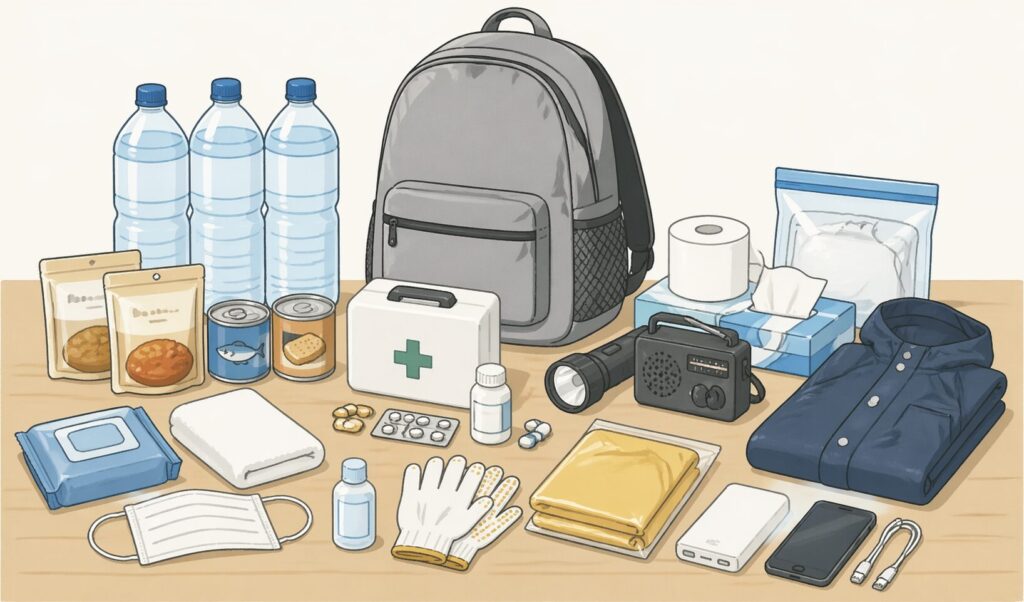 防災リュックを中心に、水・保存食・救急セット・懐中電灯・ラジオ・衣類・衛生用品などの非常用持ち出し品が整然と並べられているイラスト