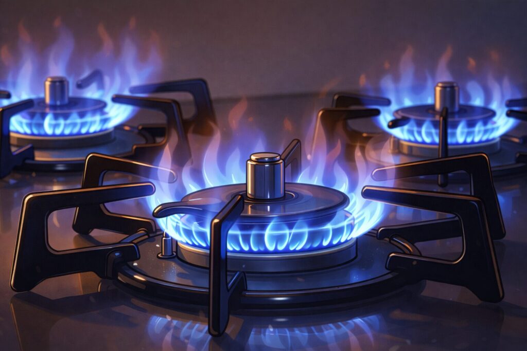 青い炎が均等に広がるガスコンロのバーナーをイラスト風に描いたキッチンの様子