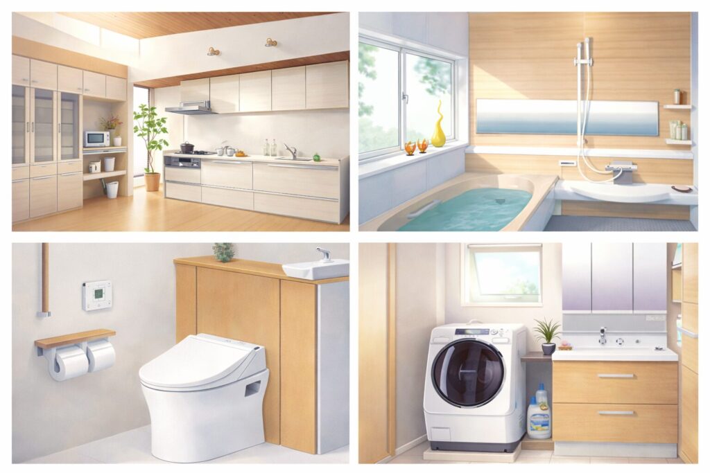 明るい木目調で統一されたキッチン・浴室・トイレ・洗面脱衣所のリフォーム後の空間を4分割で表現したイラスト