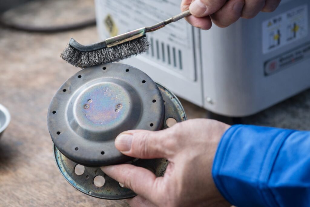 ストーブの部品をワイヤーブラシで掃除している様子
