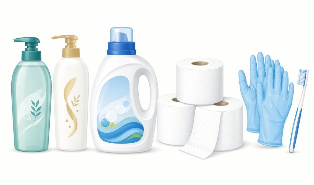 シャンプーボトルや洗剤ボトル、トイレットペーパー、使い捨て手袋、歯ブラシが並んだ日用品のイメージイラスト