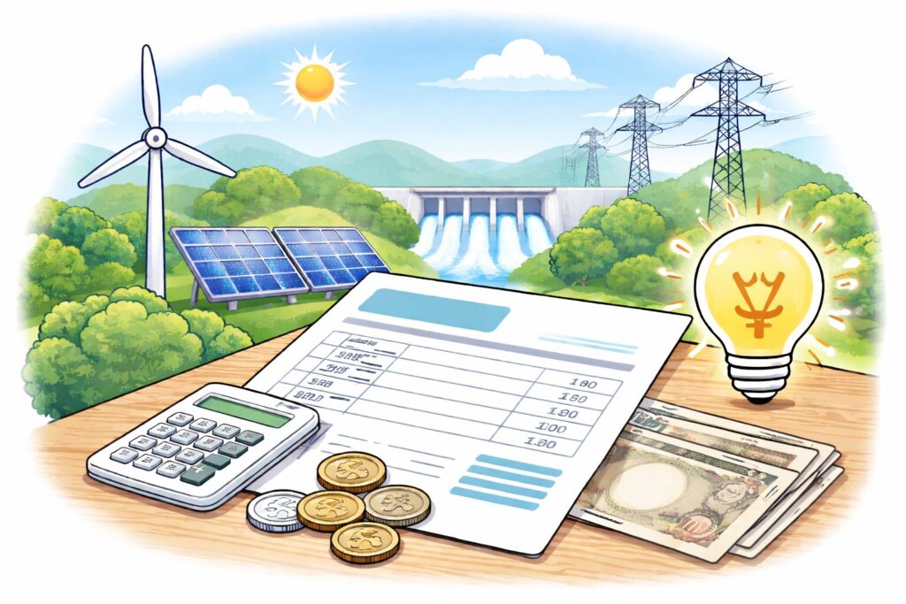 再生可能エネルギー設備と電気料金の関係をイメージしたイラストで、風力発電・太陽光パネル・ダムの背景に、請求書や電卓、整った紙幣と硬貨が配置されている構図