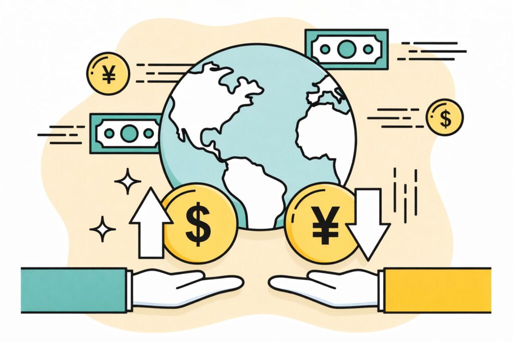 世界経済と為替の変動を表現したイラストで、地球の周りにドルや円のコイン、紙幣、上下の矢印が配置されているデザイン