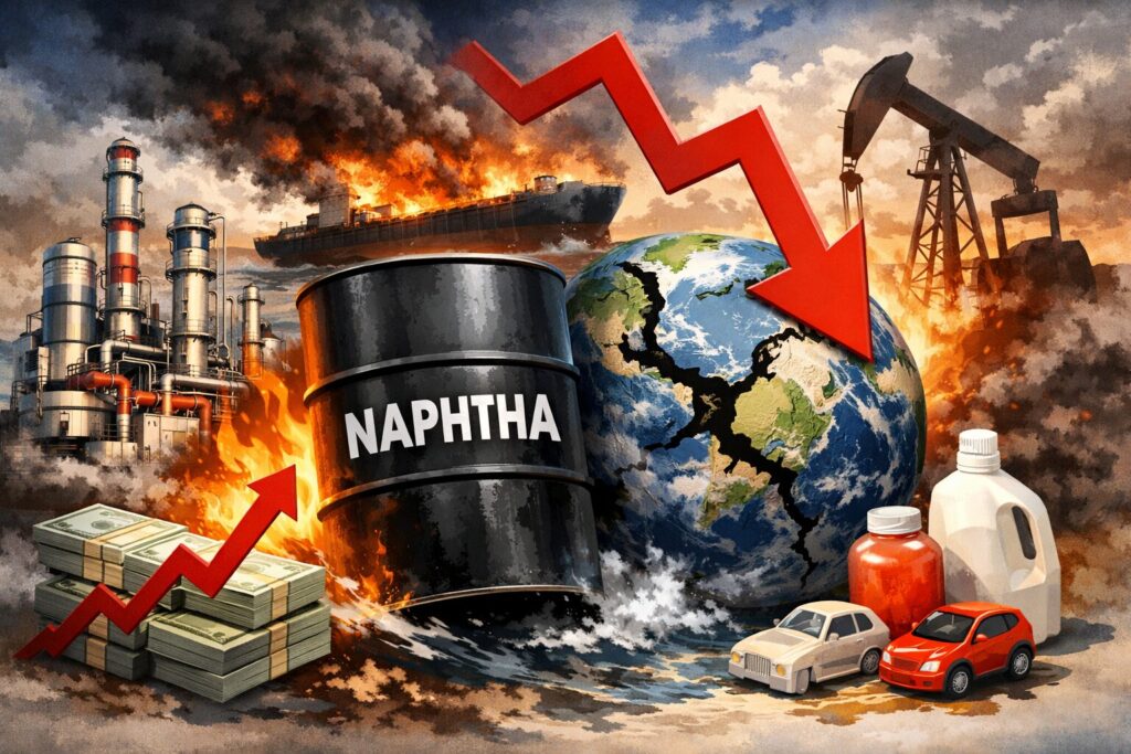 ナフサ供給危機による世界的な影響を表現したイラスト。炎上するタンカーや製油所、下落するグラフとひび割れた地球、ナフサドラム缶や石油関連設備が描かれている。