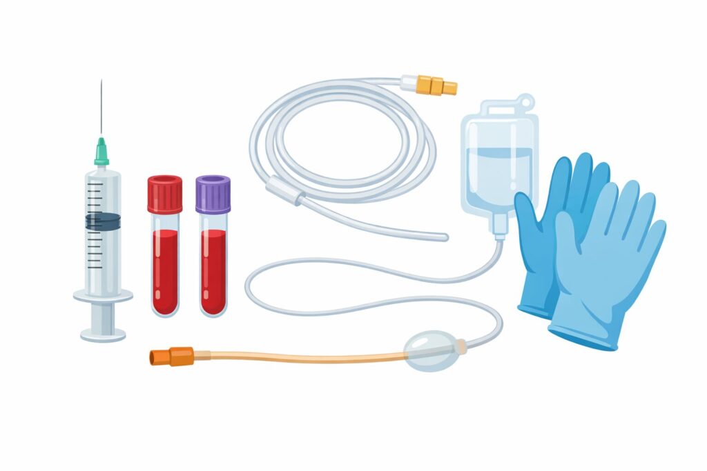 注射器や採血管、医療用チューブ、カテーテル、医療用手袋が横一列に整理された医療・介護用品のイラスト