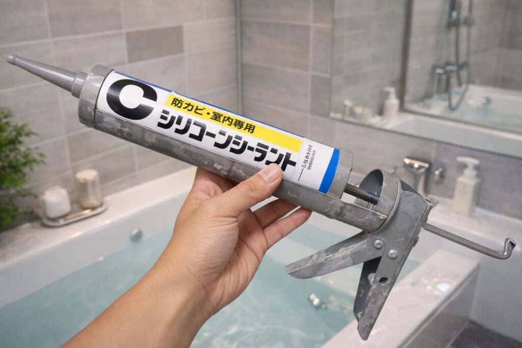 シリコーンシーラントのコーキングガンを手に持っている様子