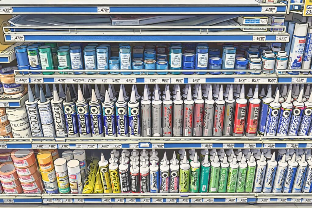 ホームセンターの棚に並ぶシーリング材や接着剤がイラスト風に描かれた売り場の様子