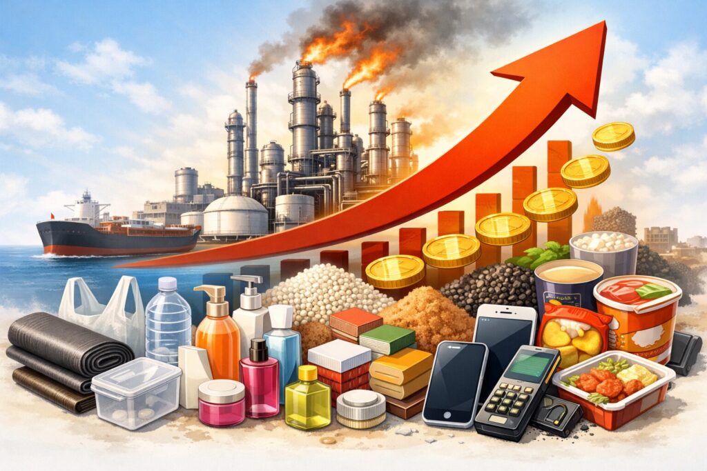 ナフサ不足の影響でプラスチック製品や日用品、包装資材、電子機器などの価格が上昇している様子を、工場と上昇グラフで表現したイメージイラスト