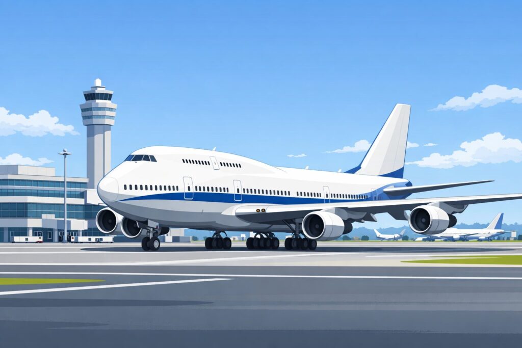 空港の滑走路と管制塔を背景に、ジャンボジェット機が駐機している様子を描いた横長のイラスト