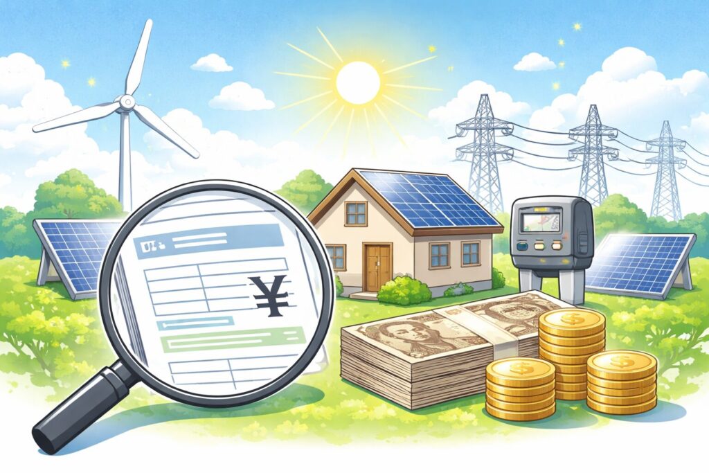 再生可能エネルギー設備と電気料金の関係をイメージしたイラストで、太陽光パネルのある住宅や風力発電、送電線の背景に、料金明細を拡大する虫眼鏡とお金が描かれている構図