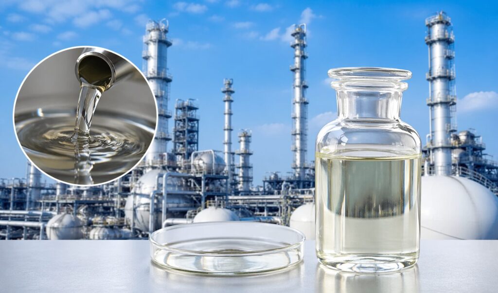 ナフサを入れたガラス容器と石油精製プラントの設備を背景に、液体の透明感や精製工程をイメージしたイラスト