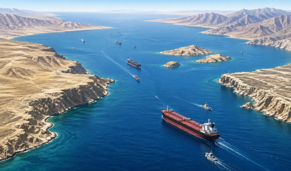 ホルムズ海峡を上空から俯瞰した構図