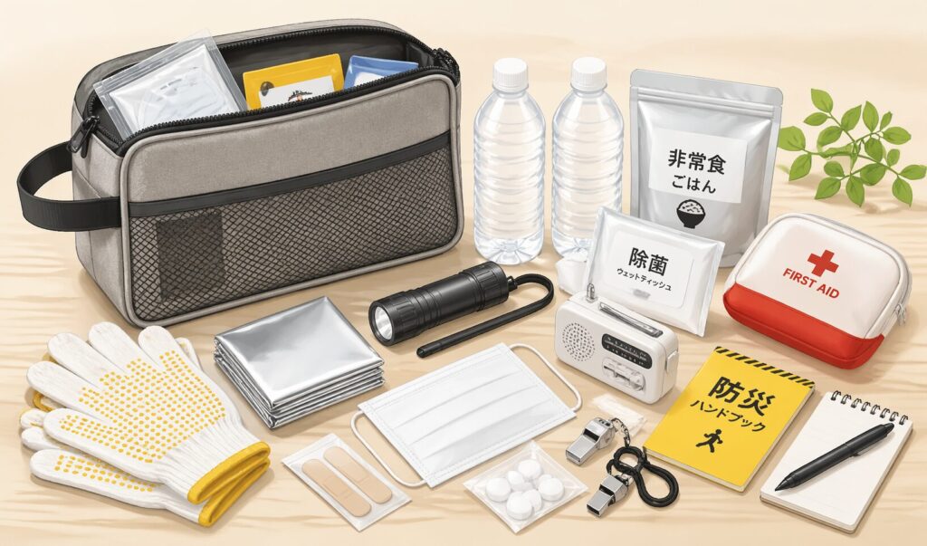 防災ポーチと中身（飲料水、非常食、懐中電灯、救急セット、ラジオ、手袋、マスク、アルミブランケット、メモ帳など）を整然と並べた防災用品のイメージイラスト