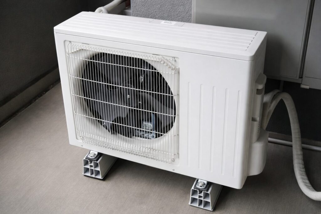 ベランダに設置された白いエアコン室外機とファン部分のクローズアップ画像