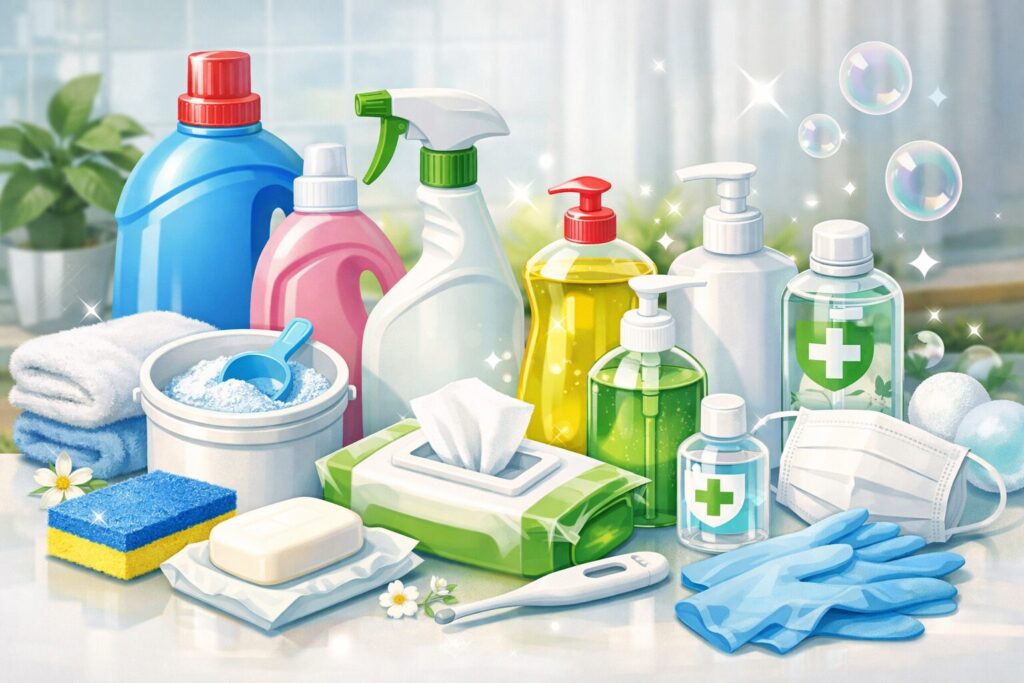 洗剤・洗浄剤・除菌用品(ボトル洗剤、スプレー、ハンドソープ、アルコール、マスク、手袋など)が清潔な室内に並ぶ衛生用品のイメージイラスト