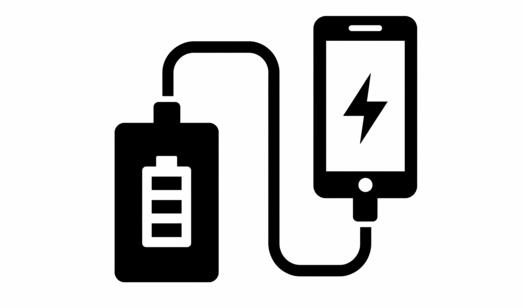 モバイルバッテリーからスマートフォンへケーブルで充電しているシンプルなモノクロイラスト