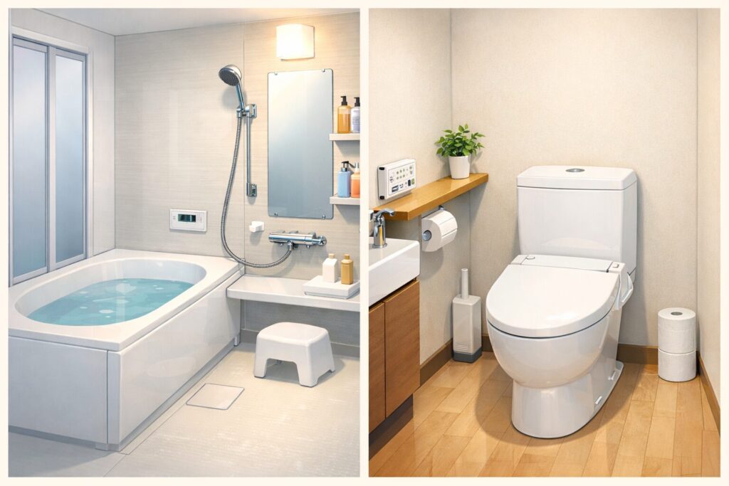 ユニットバスとトイレを左右に分けて比較したシンプルな室内イラスト(左に浴槽とシャワー、右に洋式トイレと手洗いカウンター)