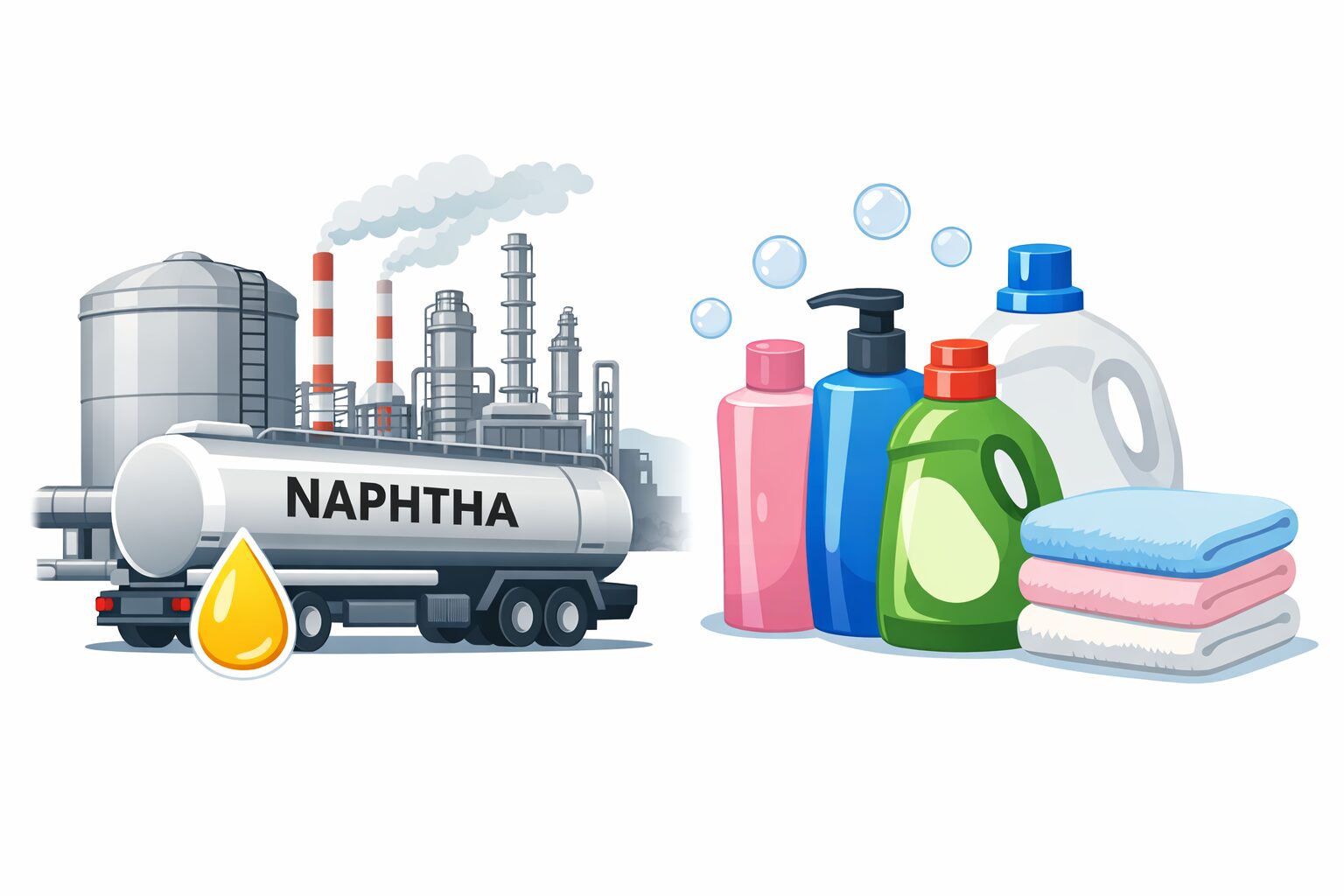 ナフサを原料とする石油化学プラントと、シャンプーや洗剤などの日用品が並ぶシンプルな対比イラスト