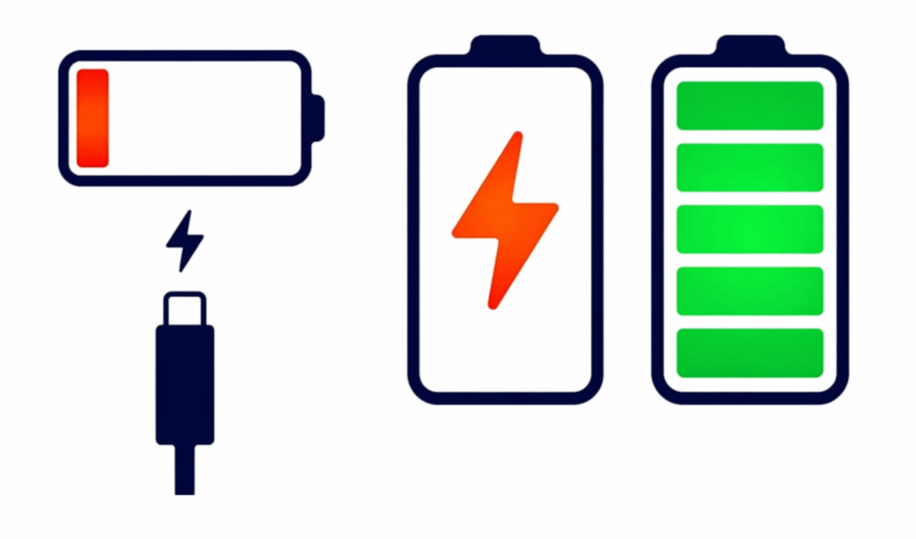充電残量が少ないバッテリーとケーブルから、満充電状態へと変化するシンプルなバッテリーアイコンのイラスト