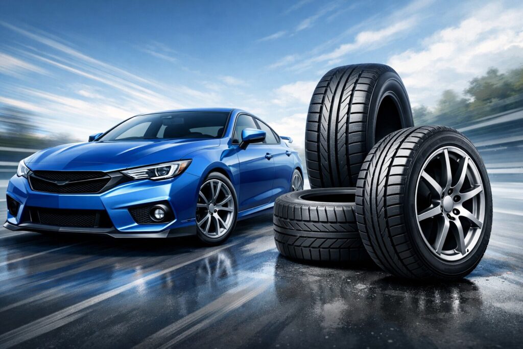 青い乗用車と複数のタイヤが並び、走行性能やタイヤの重要性を表現したイメージイラスト