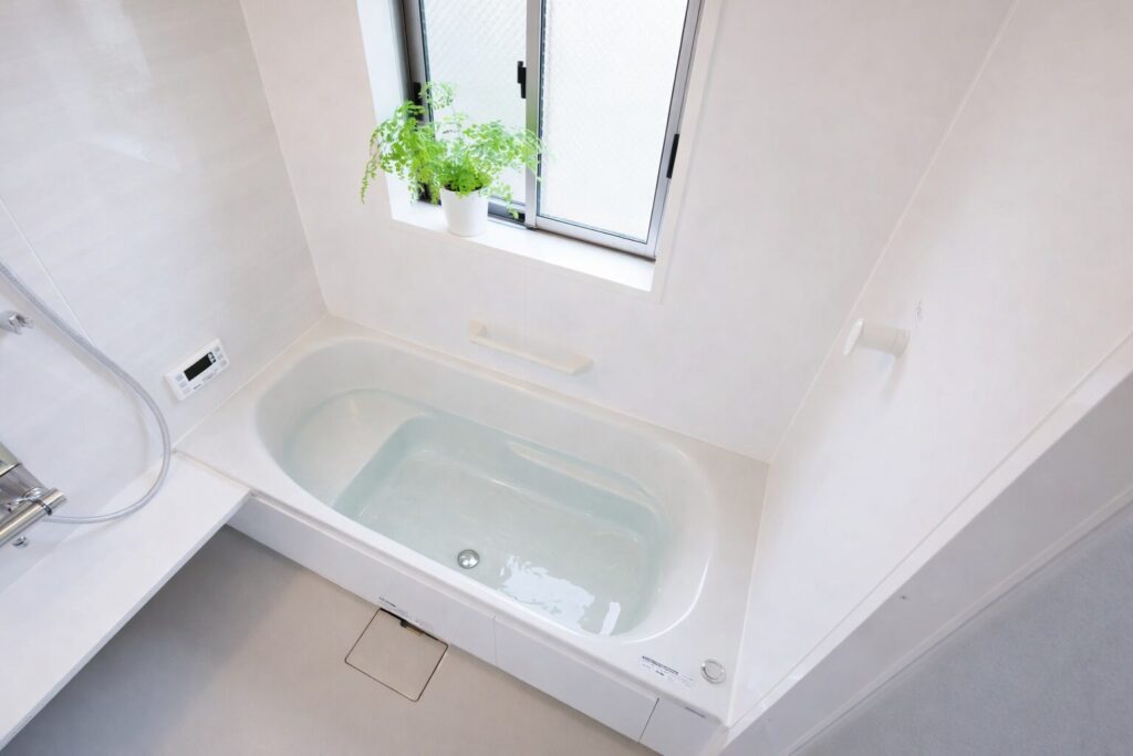 窓から自然光が差し込む白基調の浴室で、水が張られたシンプルな浴槽と観葉植物が配置された清潔感のあるバスルーム空間