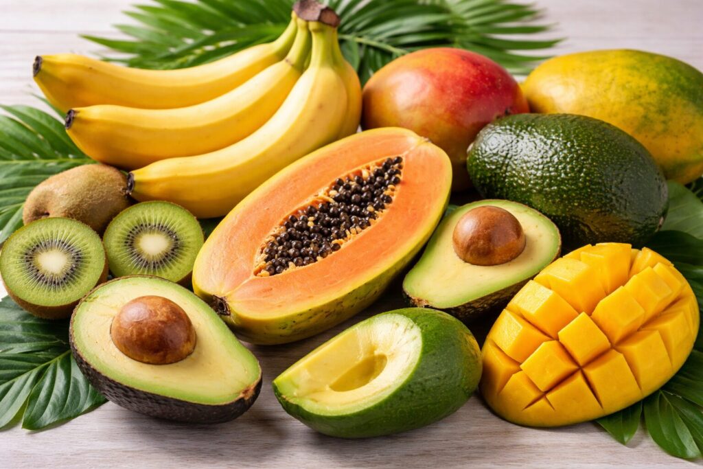 バナナ、キウイフルーツ、マンゴー、アボカド、パパイヤが並んだトロピカルフルーツの盛り合わせイメージ