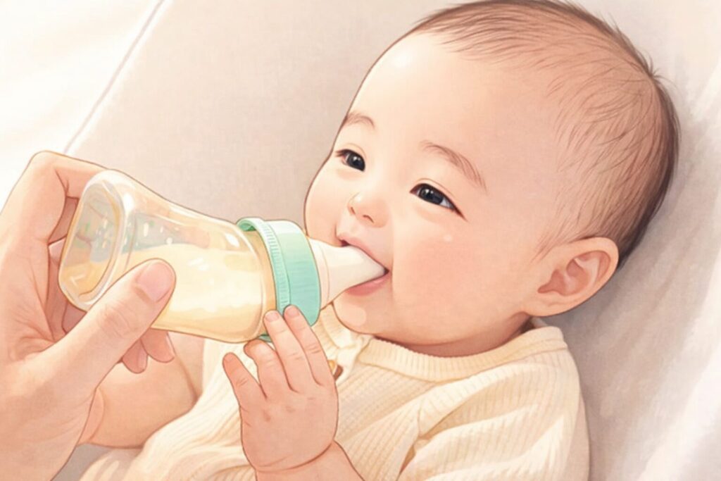 哺乳瓶でミルクを飲む赤ちゃんをやわらかいタッチで描いたイラスト