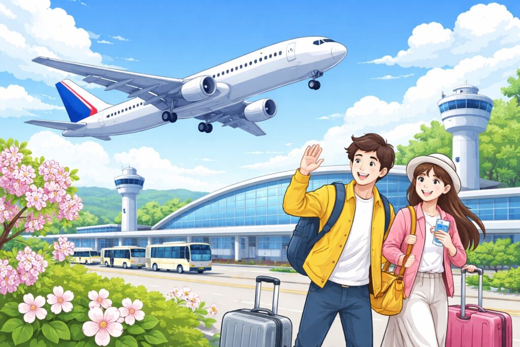 国内線の空港で飛行機が離陸し、キャリーケースを持った旅行者が笑顔で見送っている様子のイラスト