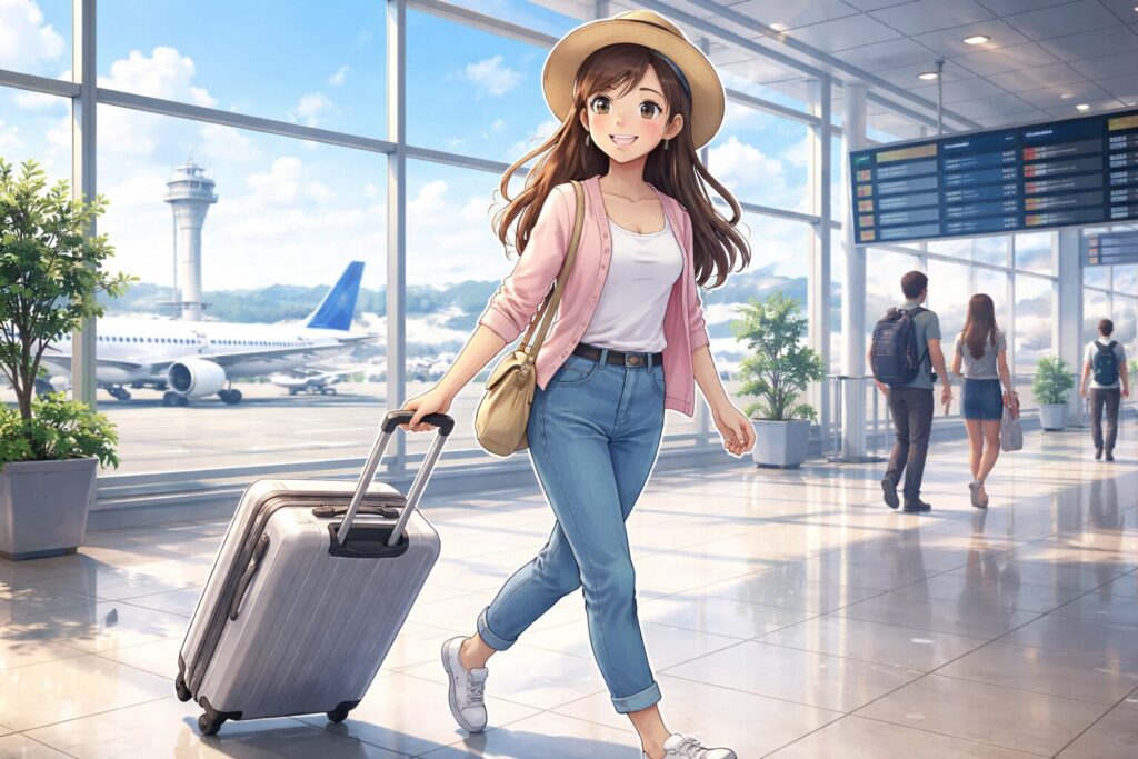 空港ターミナル内でキャリーケースを引きながら歩く旅行者の女性と、背景に飛行機や他の乗客が見える様子