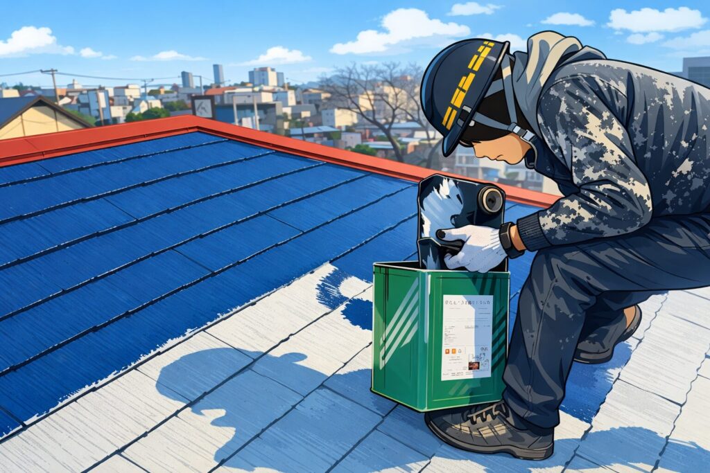 屋根の上で作業員が塗料缶から塗料を取り、青く塗装された屋根に塗り進めているイラスト風の作業風景