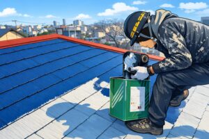 屋根の上で作業員が塗料缶から塗料を取り、青く塗装された屋根に塗り進めているイラスト風の作業風景