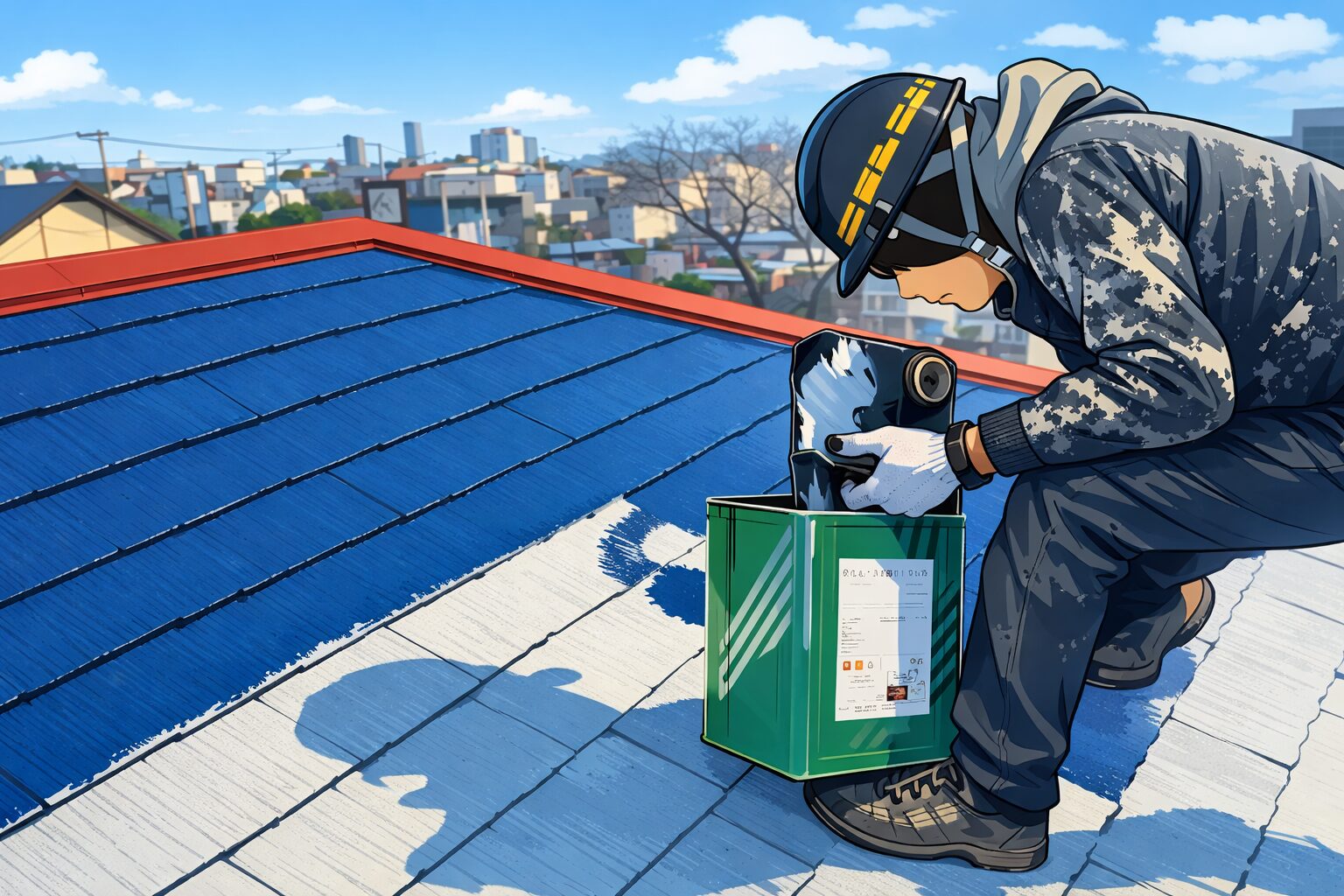 屋根の上で作業員が塗料缶から塗料を取り、青く塗装された屋根に塗り進めているイラスト風の作業風景