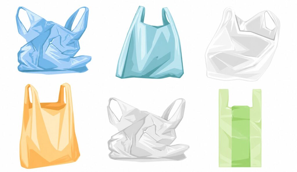 さまざまな形状と色のレジ袋が並んだシンプルなイラスト（青・白・オレンジ・緑のプラスチック袋の比較）