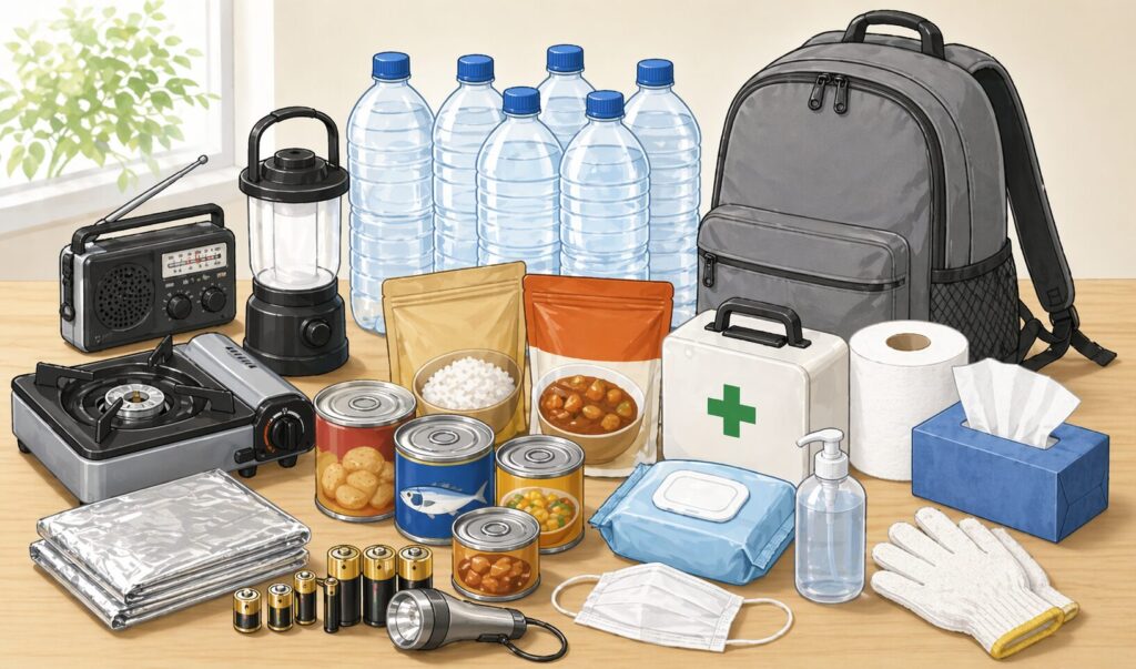 災害時の備蓄品として水、非常食、カセットコンロ、ランタン、乾電池、救急セット、ウェットティッシュなどが机の上に整理されて並んでいるイラスト