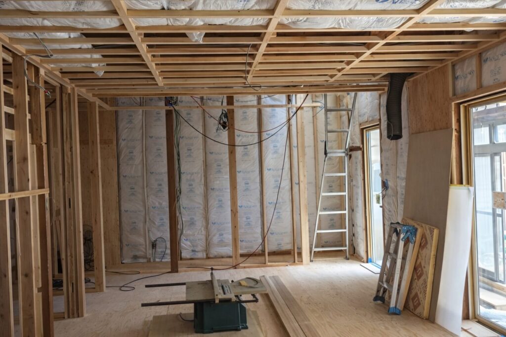 木造住宅のリフォーム工事中の室内で、天井と壁の下地や断熱材が露出し、脚立や作業台が置かれている様子