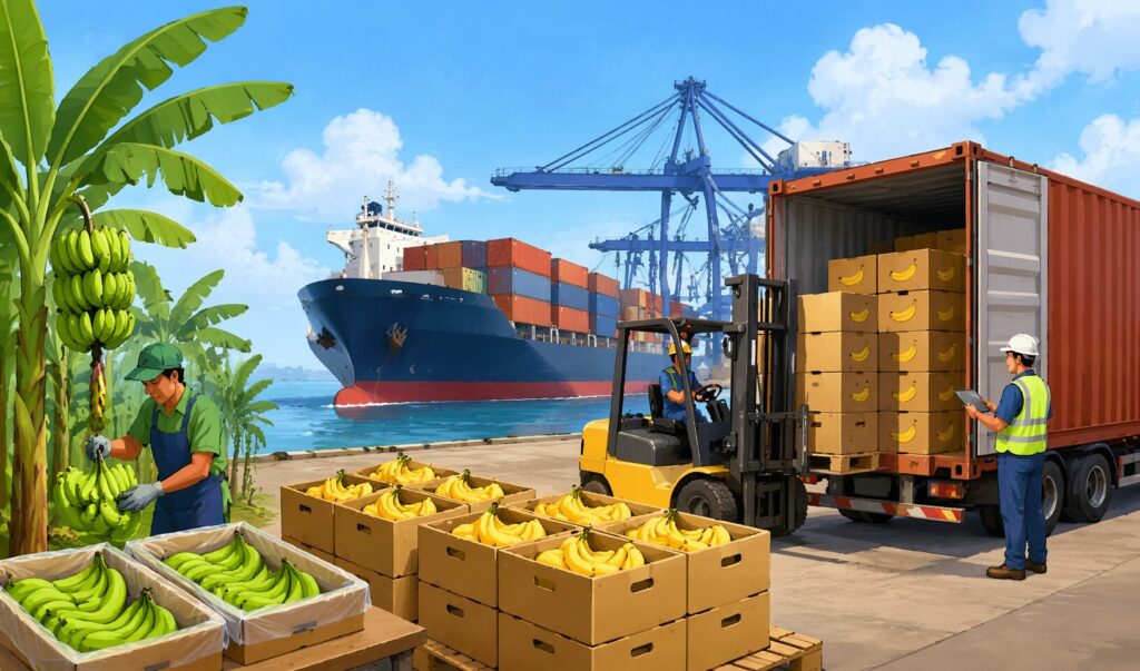 港でコンテナ船からバナナの箱をフォークリフトで積み下ろし、輸入作業が行われている様子のイラスト