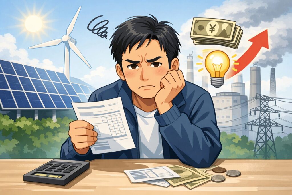 再エネ賦課金の上昇に不満を感じ、電気代の明細を見ながら悩む男性のイラスト