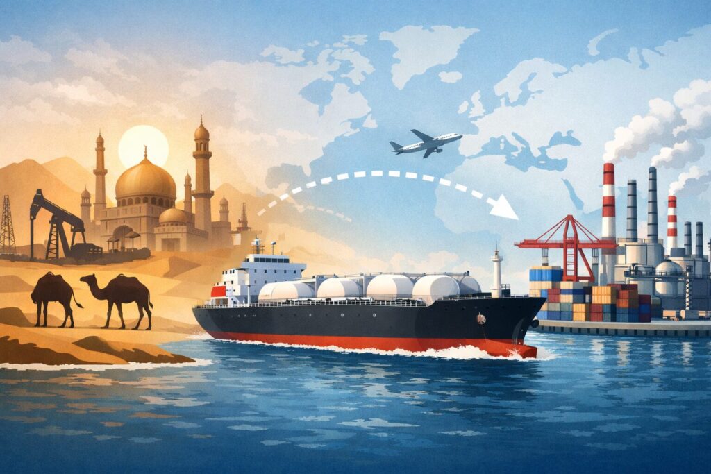 中東の油田地帯からタンカーでナフサが輸送され、工業港へ運ばれる流れを描いたイメージイラスト