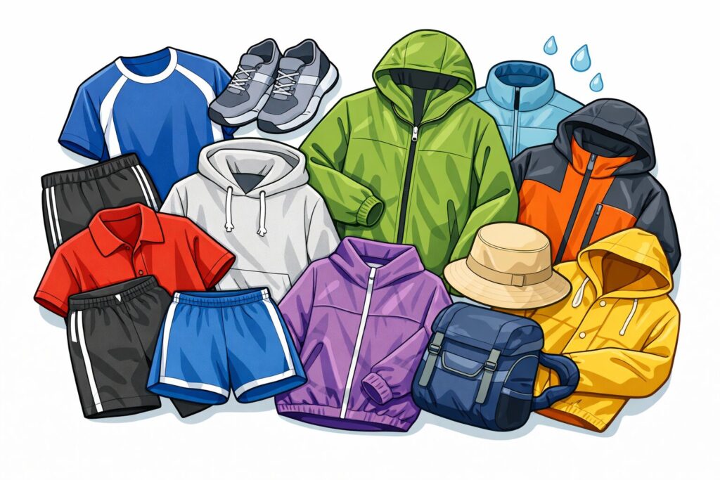 ポリエステルやナイロン素材の多様な衣類(Tシャツ、パーカー、ジャケット、ショートパンツ、帽子、バッグなど)がまとまって配置されたカラフルなイラスト